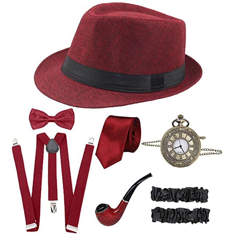 Cosplay kostyme 1920s herre gatsby gangster kostyme 8 stk tilbehørssett for mann: Burgunder