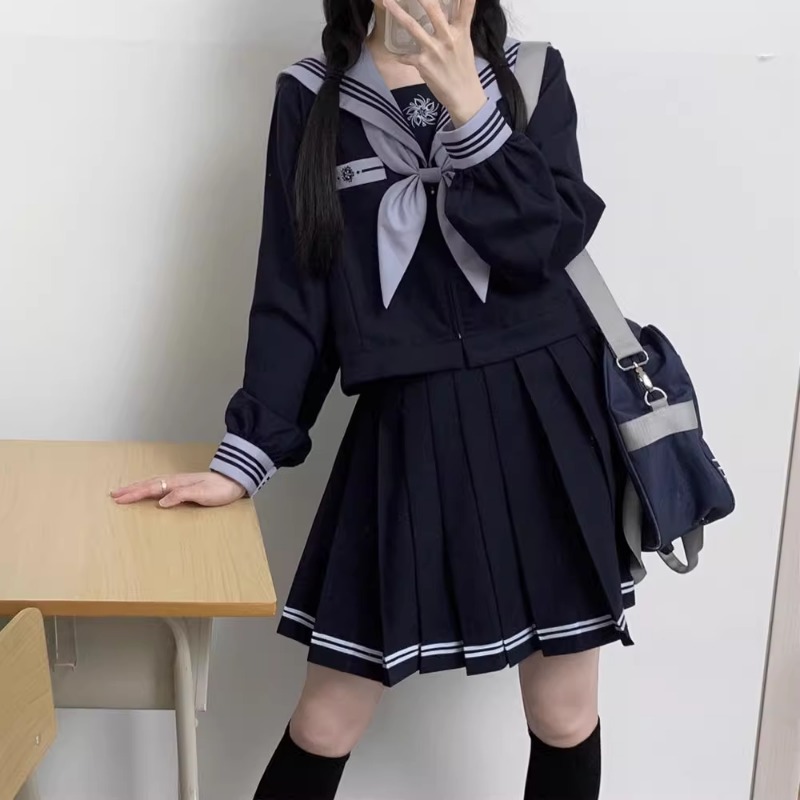 Japansk jk-uniform preppy-stil sjömansdräkt söt blå lång kortärmad topp med åtsittande midja och plisserad kjol för flicka