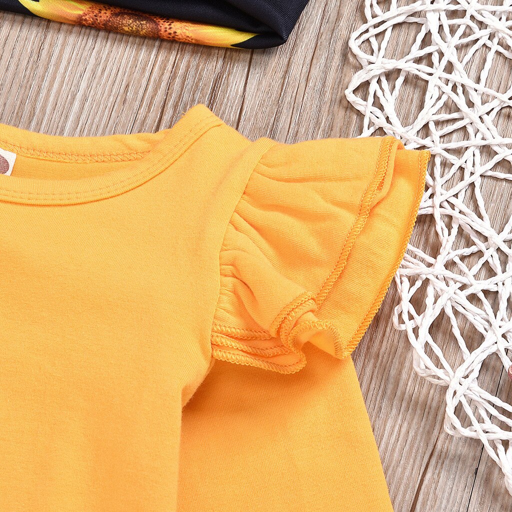 Del bambino Della Ragazza Set Bambino Manica Lunga Borsa Scoreggia Pagliaccetto Robe + Girasole Floreale Pants + Fascia Dei Capelli del Vestito Giallo vestiti детская одежда 5