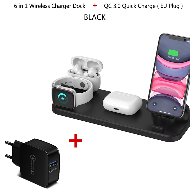 6 in 1 Wireless Charger Stand Mobile Phone Quick Charge Dock Micro USB Type-C for iPhone iWatch 5 4 3 Airpods Wireless Charging: QC3.0 6in1 Black