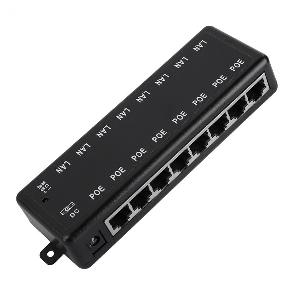 8 portas PoE Injector PoE Adaptador de alimentação Ethernet Fonte de alimentação Pin 4,5(+)/7,8(-) Entrada DC12V-DC48V para câmera IP 802.3af/at