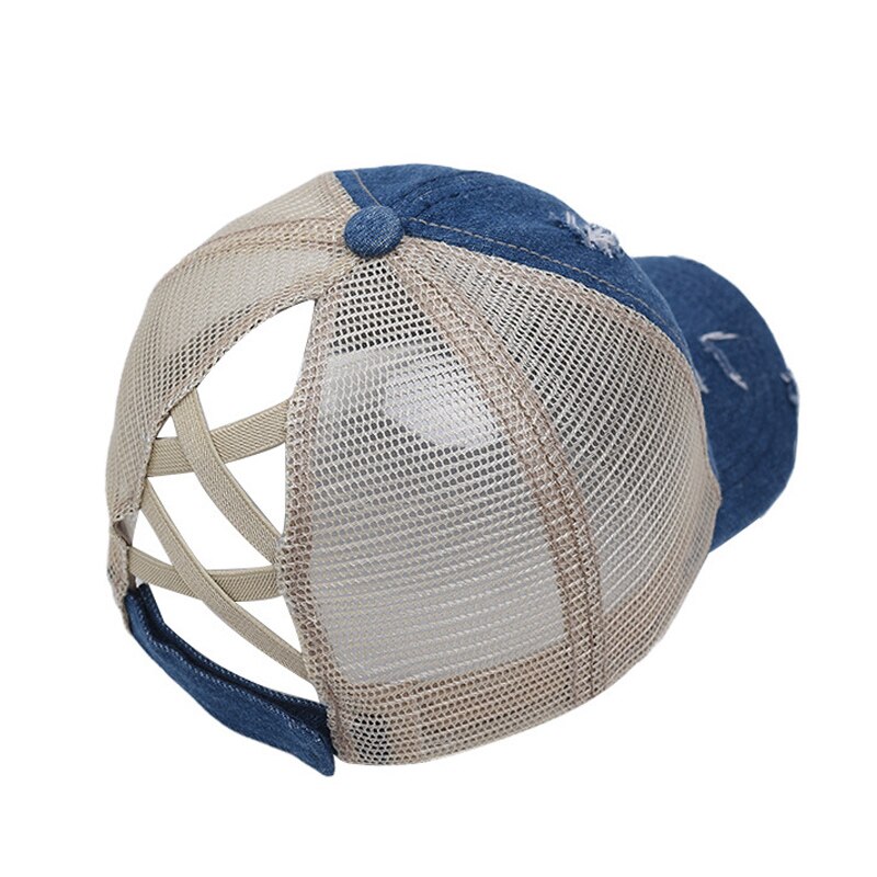 Anti Sun Cap Ripped Mesh Ponytail Criss Cross Baseball Cap Adjustable Hat H7JP