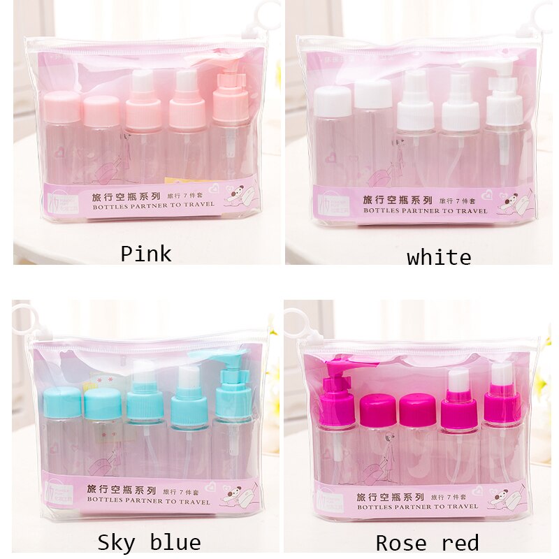 Kosmetyczka 7 sztuk/zestaw przenośny rozpylać wielokrotnego napełniania butelek zestaw plastikowy pojemnik na kosmetyki Dom podróż pusty rozpylać napełniania butelek etui