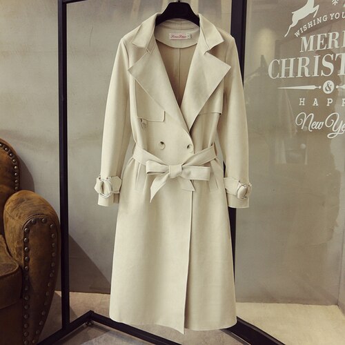 Dames trenchcoat van imitatiesuède, witte jassen met grote revers, bovenkleding, losse lange, slanke overjassen in grote maten: Roomwit / Xxl