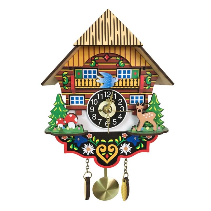 3D Cartoon Cuckoo Wooden Hanging Swing Wall Clock for Kids Living Room Decor