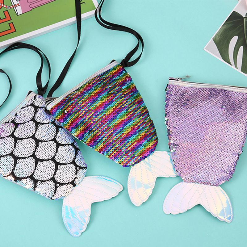 Sequins Hologram Fish Tail Coin Purse Mini Travel Crossbody Shoulder Bag for Women Girls