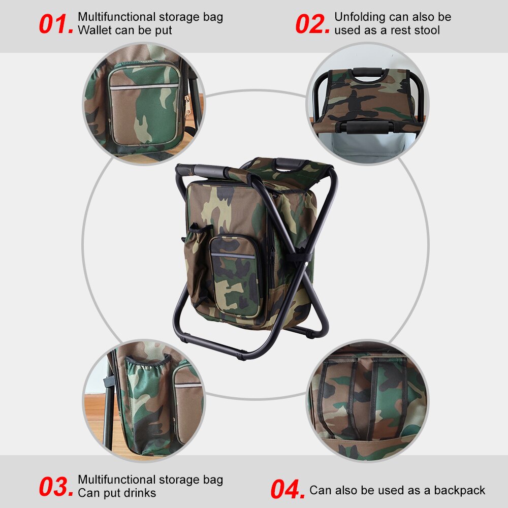 Sfit Folding Camping Fishing Chair Backpack Stool Backpack With Cooler Insulated Picnic Bag Hiking Seat Camouflage Table Bag