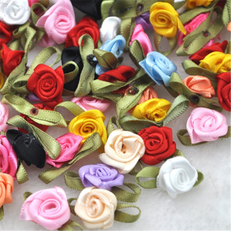 50 pcs Satin ruban fleurs arcs Rose couture mariage Appliques artisanat B039