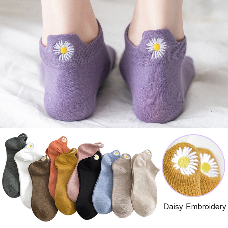 Embroidery Daisy Women Socks Cotton Multicolor Chrysanthemum Retro Color Ankle Funny Casual Socks Women 1 Pair