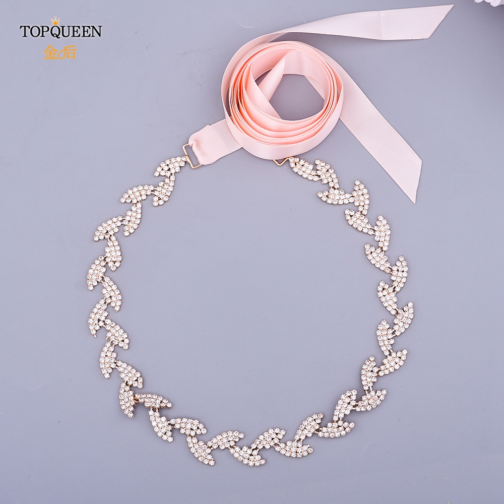 TOPQUEEN S198-G złoty pasek robić sukni ślubnej błyszczące stopu kryształ górski liście skrzydła kobiety diament akcesoria ślubne dla nowożeńców impreza pas: kochanie różowy faborek