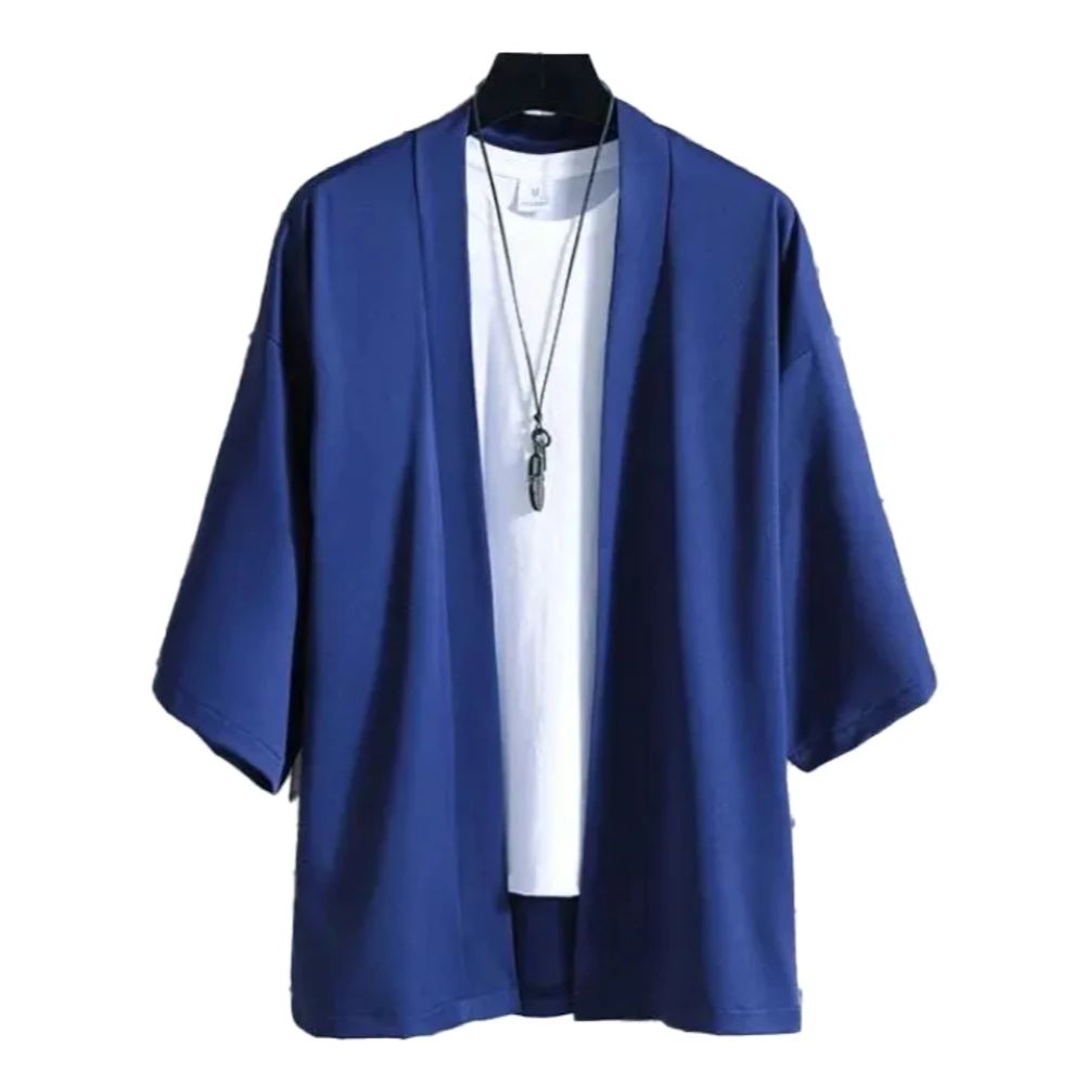 Summer Men Solid Color Kimono Cardigan Big Size 3XL Women Simple Haori Japanese Traditional Costume 6 colors Yukata Kimono Coat: XXXL / Blue