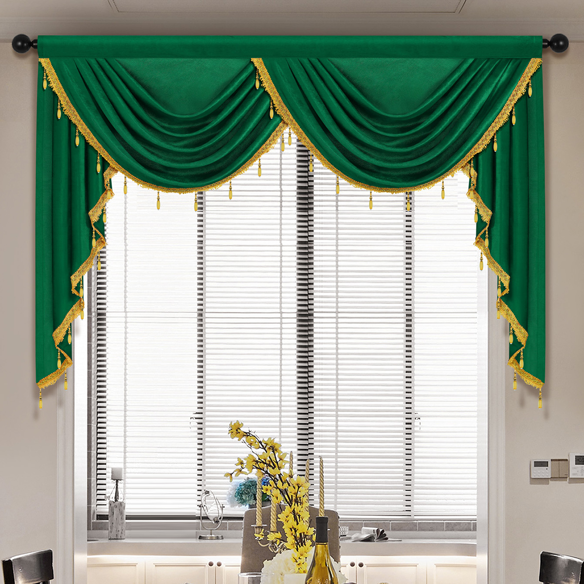 Rideau de cantonnière en tissu velours de style européen, cantonnière en tissu velours italien pour la décoration intérieure, poche la plus récente, divers documents au choix, cascade, 1PC: green