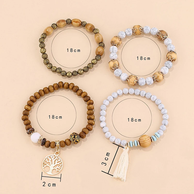 4 Teile/satz Boho Holz Perlen Armbinde einstellen Für Frauen Baum Des Lebens Weiß Quasten Charme Elastische Kette Armreif Dame Böhmen Schmuck