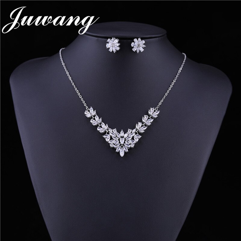 JUWANG Brand Classic Cubic Zirconia Bridal Jewelry Set for Woman Party Necklace and Earring Wedding Jewelry