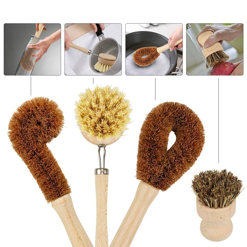 Juego de cepillo de limpieza a base de plantas de 4 piezas, madera de haya y cerdas de coco, sartén de madera y cepillo para limpiar ollas, cepillo de botella, plato B
