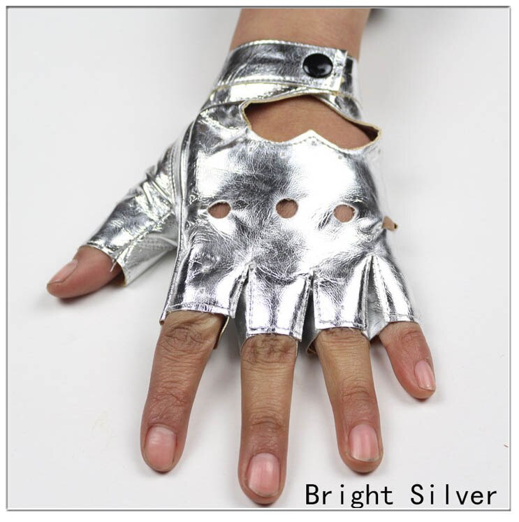 Ninja Women Leather Gloves Fingerless Star Hollow Gloves Party Show Breathable Half Finger Mittens Women: Bright Silver