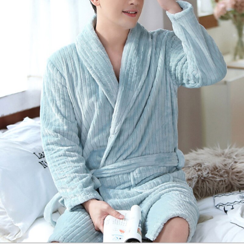Mannen Casual Wijn Rode Kimono Badjas Herfst Winter Flanel Lang Gewaad Dikker Warme Zachte Nachtkleding Nachtjapon Mannelijke Toevallige Homewear: Lake Blue