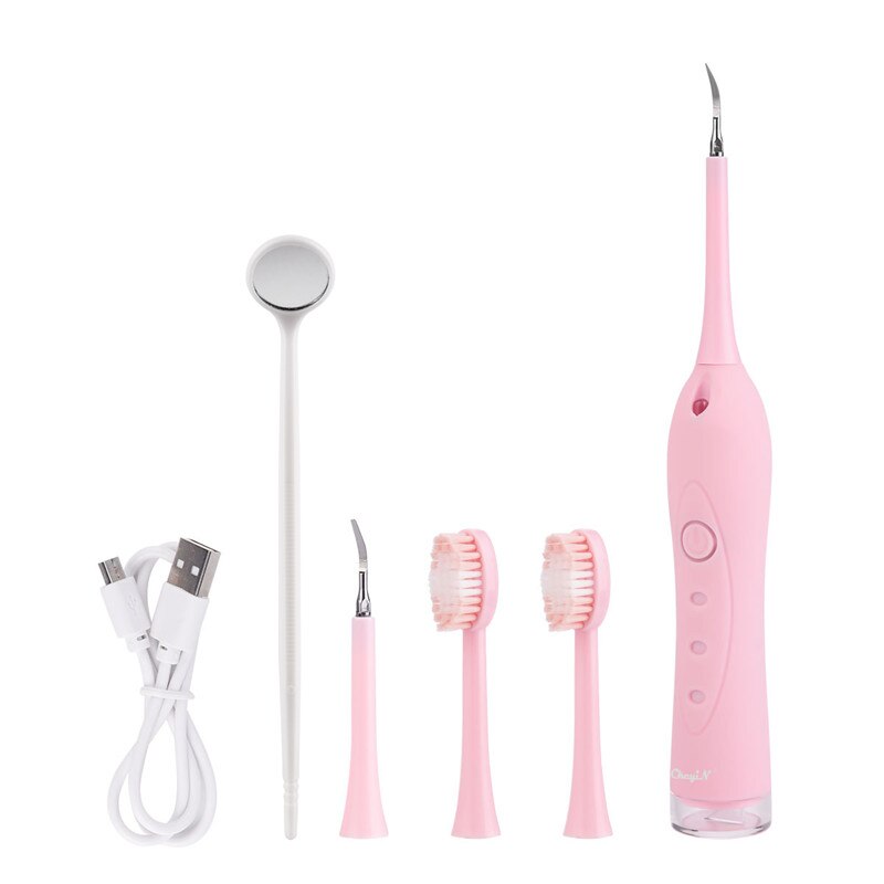 Igrg tænderens rengøringsværktøj hjemmetandplejekit elektrisk tandbørste trådløs tandstenfjerner lyserød med mundspejl: Lyserød