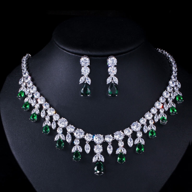 Wedding Jewelry Sets for Charming Women Dresses Dating Accessories Green Glass Crystal Necklace Earrings Sets