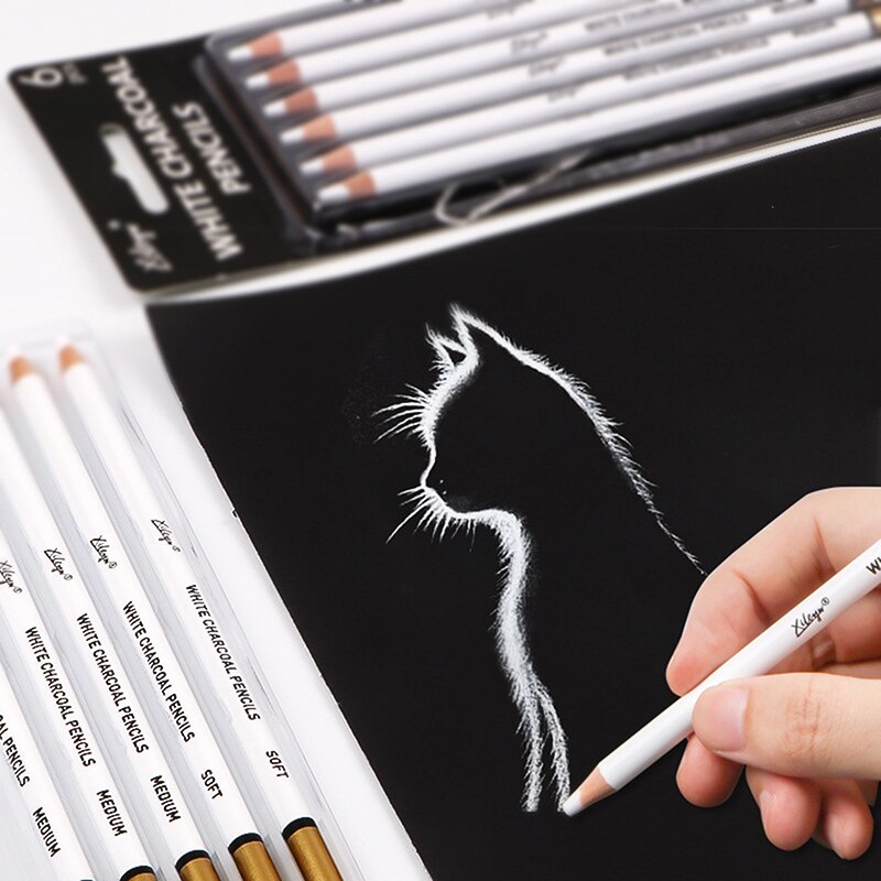 6Pcs White Charcoal Pencil Drawing Set Soft &amp; Medium Sketching Pencil Art Supply
