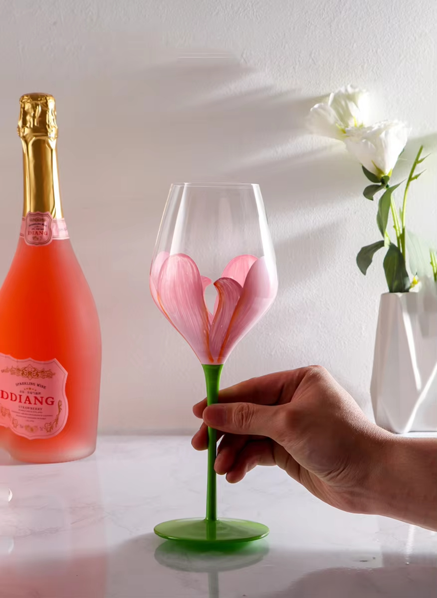 Copas de champán Vintage, copa pintada a mano, girasol, tulipán, flamenco, rosa, patrón, copa de vino tinto, Bar en casa, restaurante, copa de cristal
