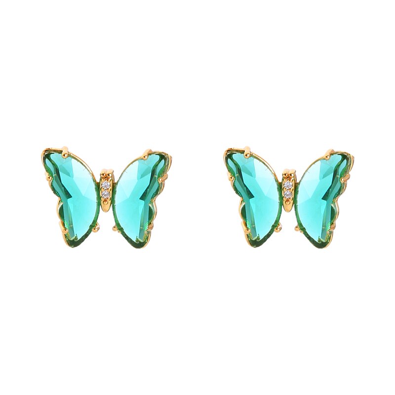 Kissme prachtige veelkleurige glazen vlinder sieradenset voor vrouwen, goudkleurige messing insectenoorbellen, kettingen en ringen: Groene glazen oorbellen