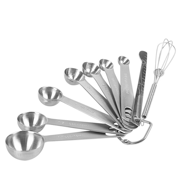 Set van 10 lepels en maatbekers van roestvrij staal met handvatten & 9 stapelbare maatlepels, maatbeker van roestvrij staal