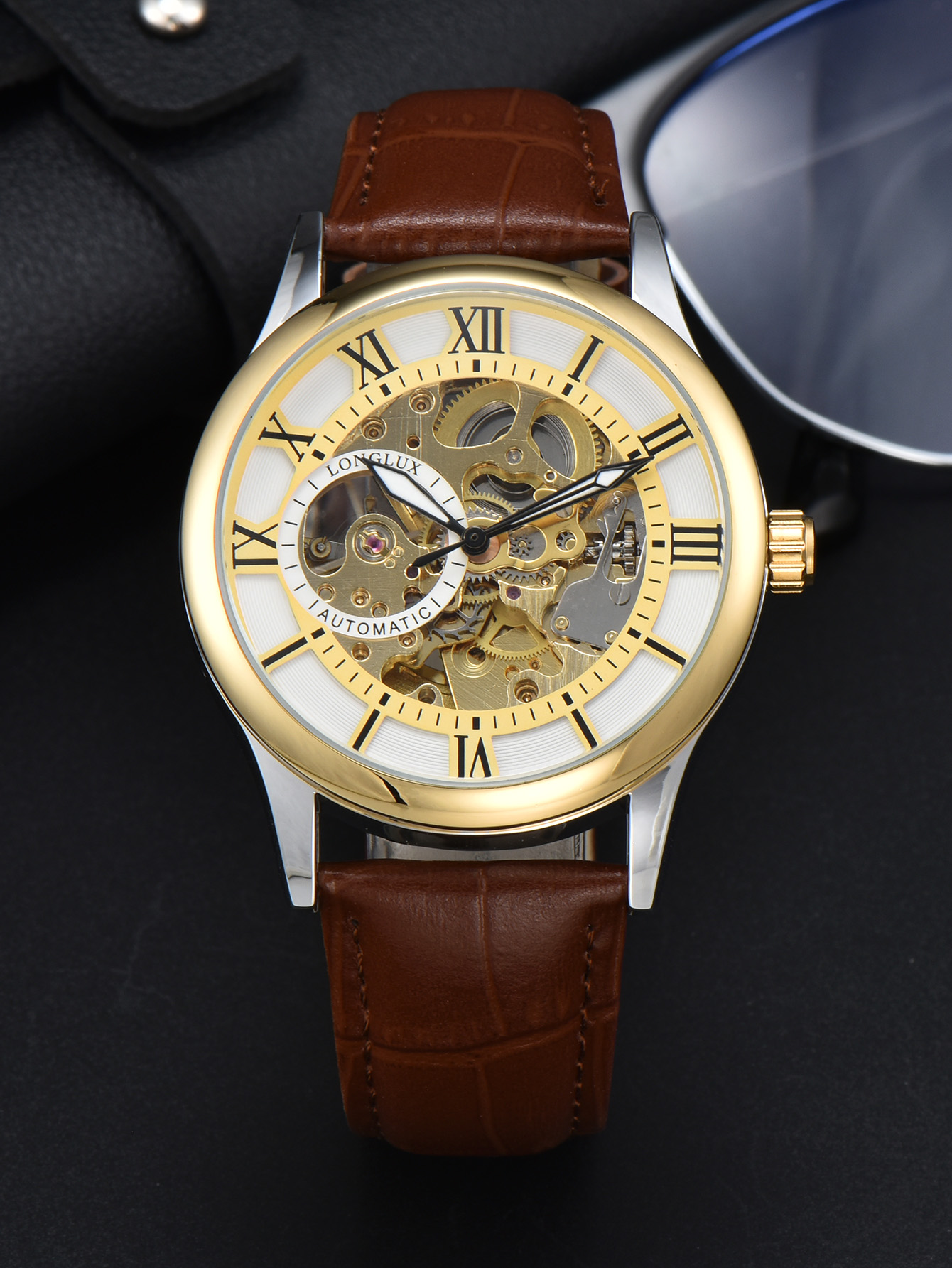 Reloj Automático LONGLUX, , relojes de pulsera mecánicos, reloj de cuero hueco resistente al agua para hombre, para hombre: Otros