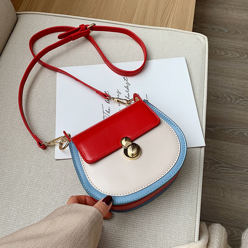 PU Leather Contrast color Crossbody Bags For Women Small Shoulder Bag Female Handbags and Purses travel bags: Red