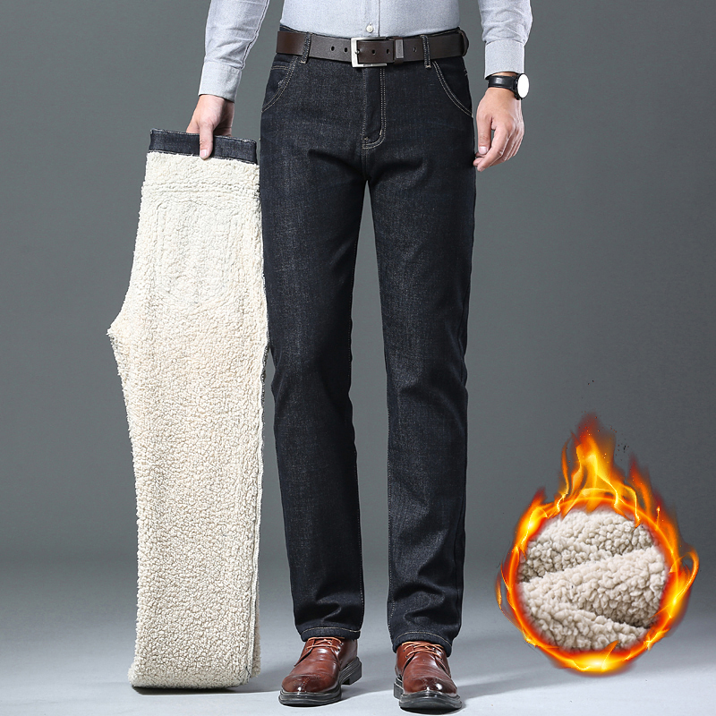 Pantalones vaqueros de lana cálidos de invierno para hombre 2025, pantalones vaqueros térmicos informales gruesos elásticos rectos, pantalones de trabajo de negocios para hombre, nueva ropa para hombre