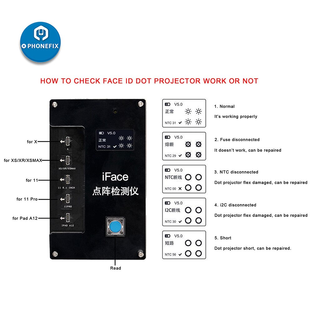 Qianli iface matrix tester iface dot projektor til iphone x -11 pro ipad  a12 ansigt id test reparation hurtig diagnose fejl