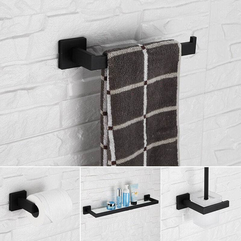 Moderne Zwarte Vierkante Badkamer Hardware Set wall mount handdoekenrek haak papier houder voor badkamer accessoires set sturen uit Brazilië