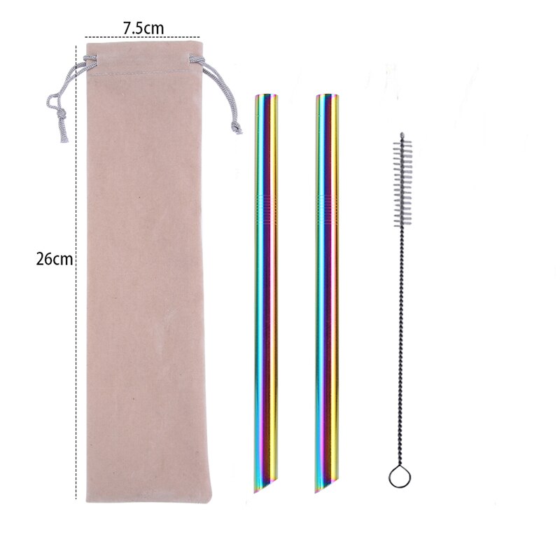 2Pcs Metall Wies Ende Stroh + 1Pc Pinsel Regenbogen Trinkhalme Wiederverwendbare Strohhalme 12mm * 215MM mit Tragbaren Box Oder Tasche: Beige Bag Rainbow