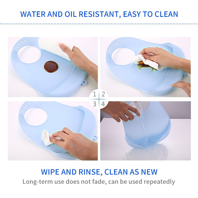 Babador impermeável do silicone do bebê da cor sólida com o avental de toalha da saliva do feijão dos bolsos projetado com o coletor largo profundo das migalhas