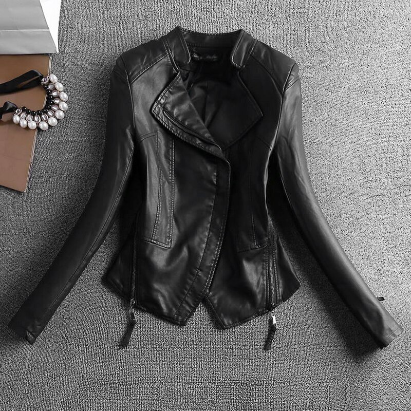 SWREDMI Black Female Jacket Leather Coat Women Motorcycle Jackets Outerwear S-2XL Slim Stand Collar Suede: XXL
