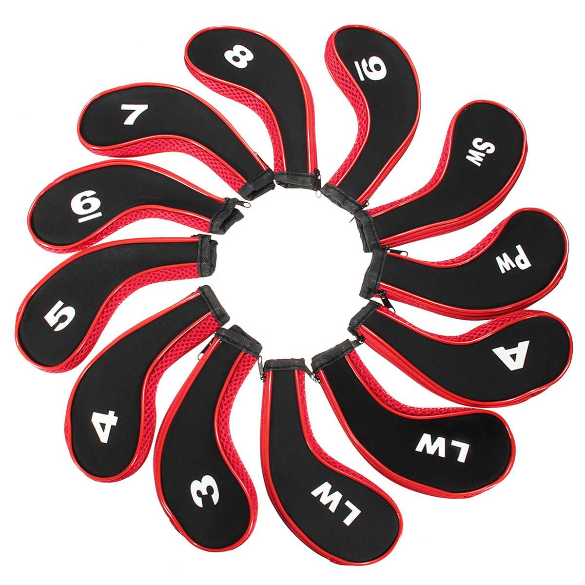 12Pcs/set Golf Clubs Iron Head Covers Headcovers with Zipper Long Neck 4 Color: Red