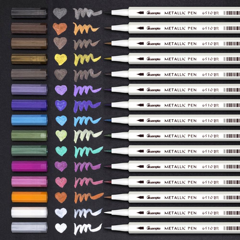 15 farver / sæt metallisk mikron pen detaljeret mærkning farve metalmarkør til album sort papir tegning skoleartikler: 15- farve børste