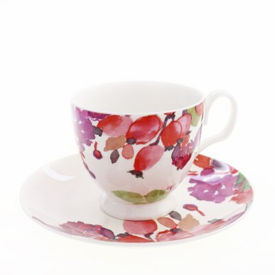 Keramiske kopper og underkopper sæt blomstertrykt på glaseret benporcelæn kaffekop fødselsdag enkel stil underkop: C