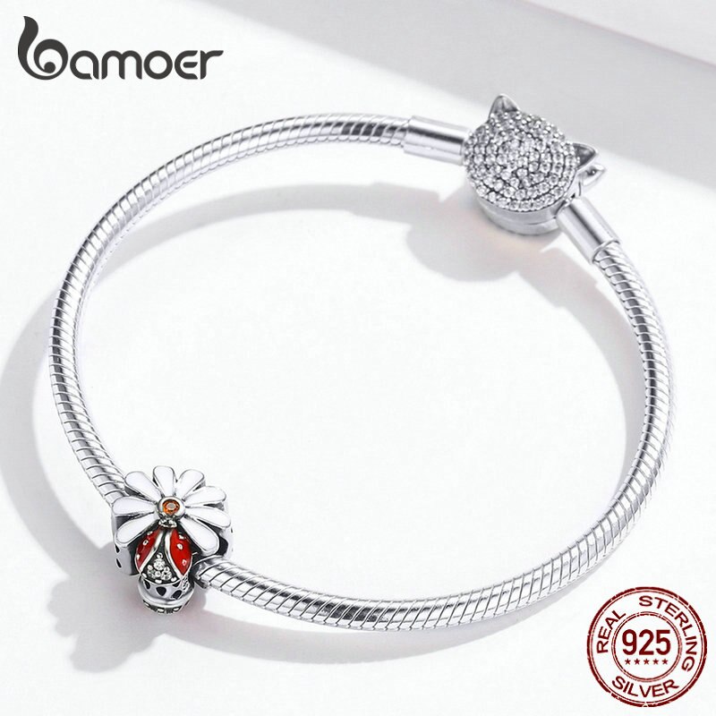Bamoer Coccinella con il Fiore della Margherita Perline per le Donne 925 sterlina d'argento Fascino Dello Smalto misura Fascino Originale Braccialetto di Gioielli FAI DA TE SCC1276