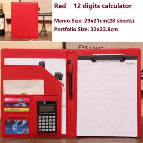 A4 office business classical file folder portfolio executive with clip board calculator document organizer: Red 3