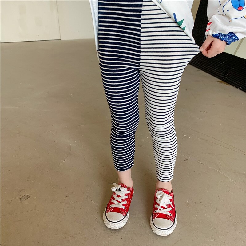 2022 Spring Girls Leggings Kids Pink and Purple Patchwork Striped Skinny Pants Children Elastic Trousers