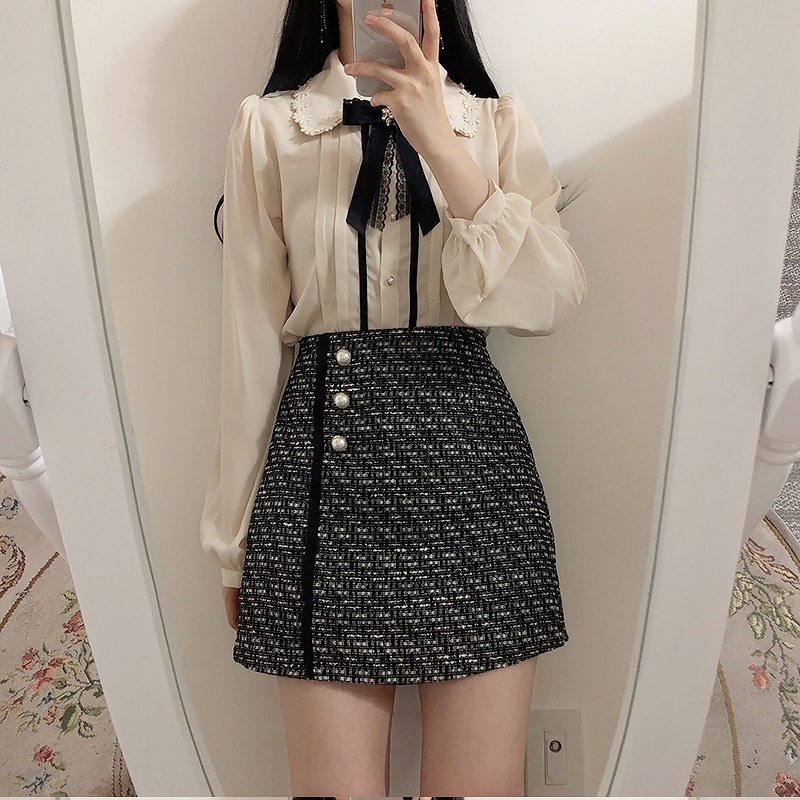 Forår kvinders søde toppe preppy stil vintage japanere korea knap formelle skjorter bluser pink hvid 12020