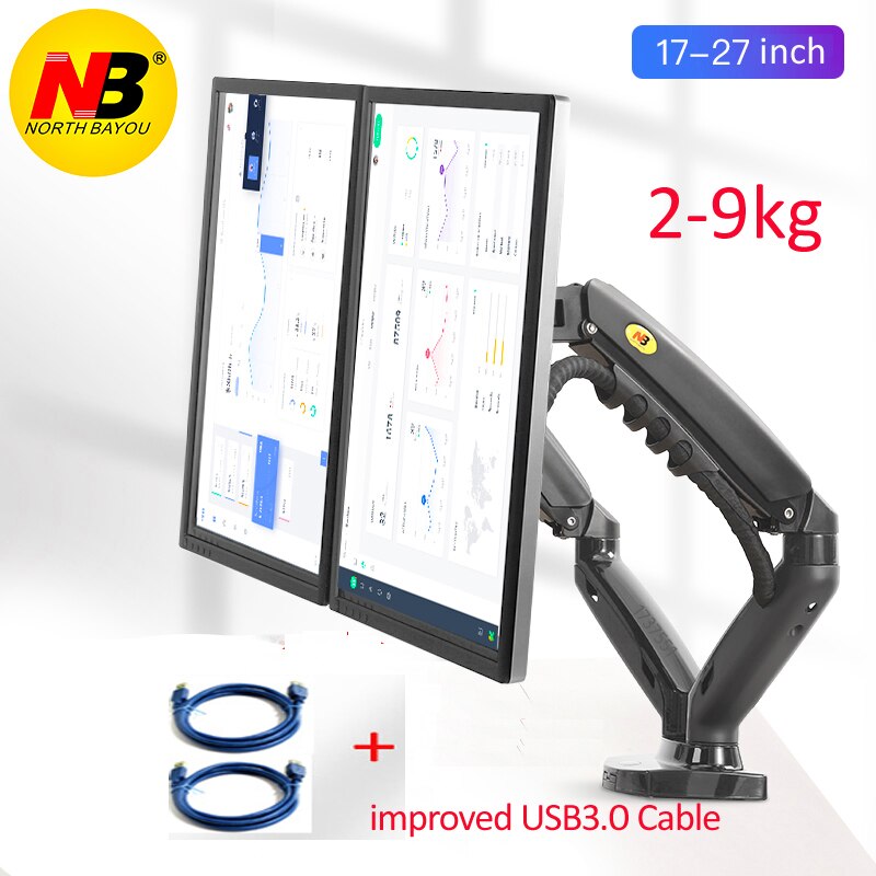 20 NB F160 gas spring Ergonomic 10"-27" dual monitor stand on desk 2-9kg dual arms 360 rotate USB3.0 Computer holder: with 2pc USB3.0