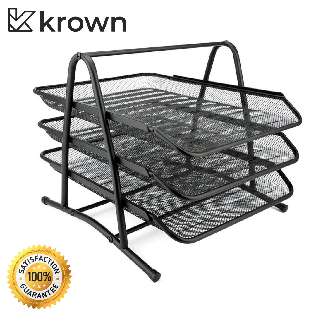 KROWN - Bandeja organizadora de escritorio de metal de 3 o 2 niveles para folios, hojas y documentos para oficinas o uso personal