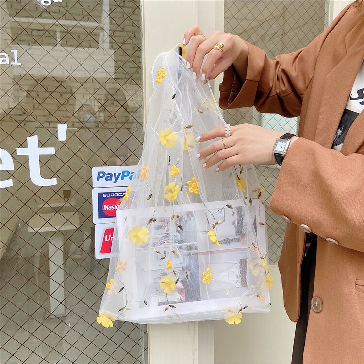 Women Embroidery Transparent Tote Mesh Storage Bag Daisy Organza Handbag Korea Girls Fruit Bag Purse: Yellow A