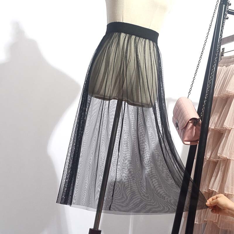 Summer Women Mesh Lace Skirts Women Casual Tulle Skirt High Waist Elastic Transparent Asymmetry black Skirt Overskirt: N1 Black