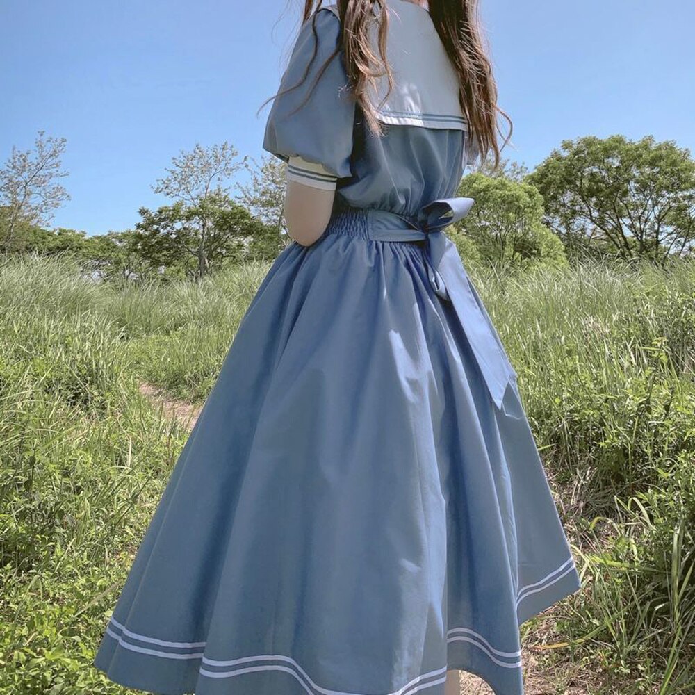 Vestido de Lolita de estilo Preppy para chicas, lazos japoneses, dulce, Harajuku, cuello de marinero, azul marino, lazo Vintage