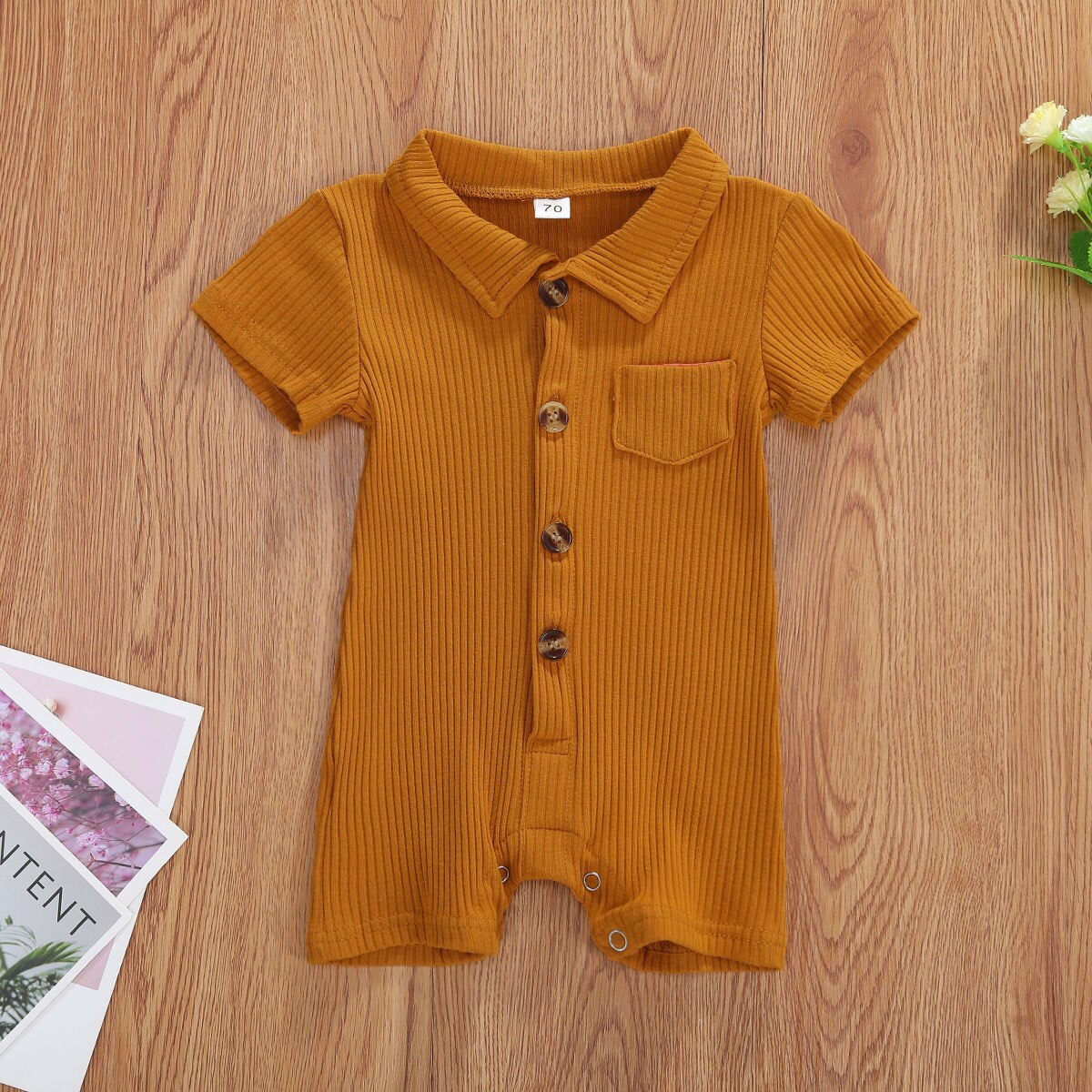 Baby Boy 3M-24M Brei Romper Solid Een Stuk Revers Jumpsuit Korte Mouwen Katoen Button Down bodysuit