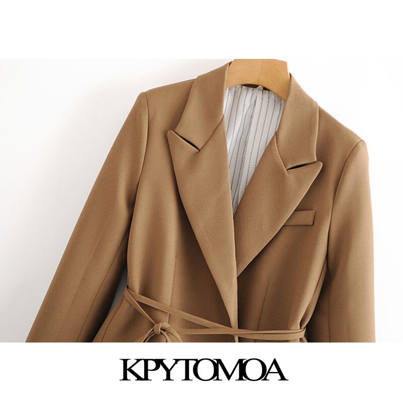 KPYTOMOA Women With Tied Wrap Blazers Coat Vintage Long Sleeve Pockets Female Outerwear Chic Tops