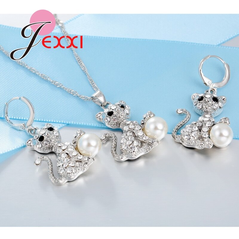 Brillant CZ et grande perle joli chat pendentif pour les femmes collier et boucles d'oreilles 925 en argent Sterling ensemble de bijoux